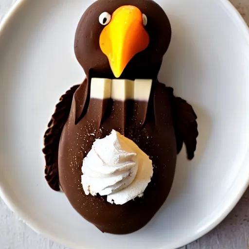 Prompt: a bald eagle made of chocolate powder, mango, and whipped cream