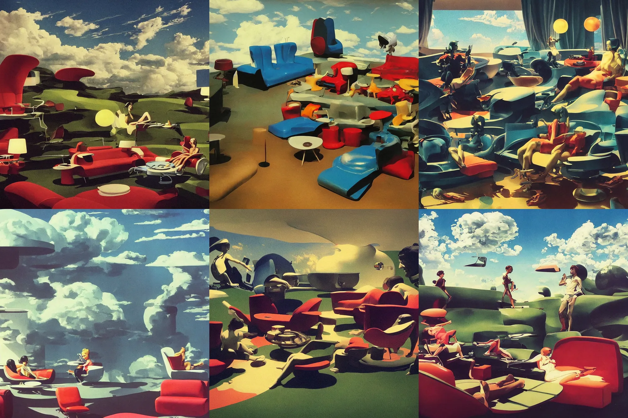 Prompt: cropped photo of!!!!! plastic sculpture!!!!, depicting a!! futuristic lounge room!! on the edge of a meadow with billowing clouds. ( ( sculpture styling influenced by norman rockwell + frank frazetta + syd mead ) ) ( rich colors, high contrast, gloomy atmosphere )