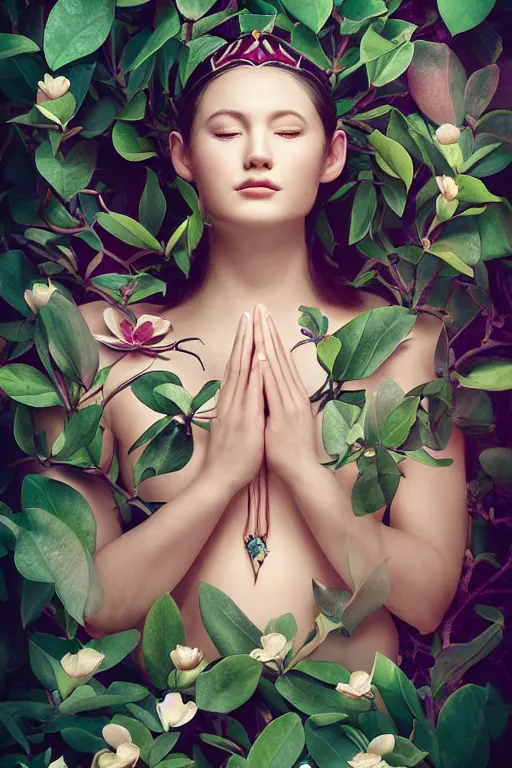 Image similar to a goddess of magnolia a queen of the garden, meditating! with a beautiful symmetrical face!!! cinematic lightning, isolated, studio lighting by ross tran