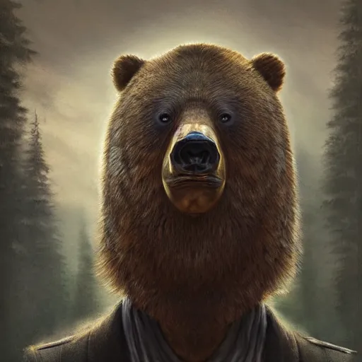 Image similar to Sad man in a bear mask, hyperrealism, no blur, 4k resolution, ultra detailed, style of Jonathan Solter, Peter Mohrbacher,Alexander Trufanov, Finnian MacManus, Ivan Shishkin