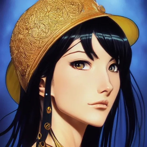 Image similar to highly detailed vfx portrait of nico robin by eiichiro oda!, makoto shinkai, alphonse mucha, sharp focus, art by artgerm and greg rutkowski!, backlit, harsh overhead sunlight, blue eyes!!, large aquiline nose!!, stanley kybric, kaoru mori, shadows, best of behance,