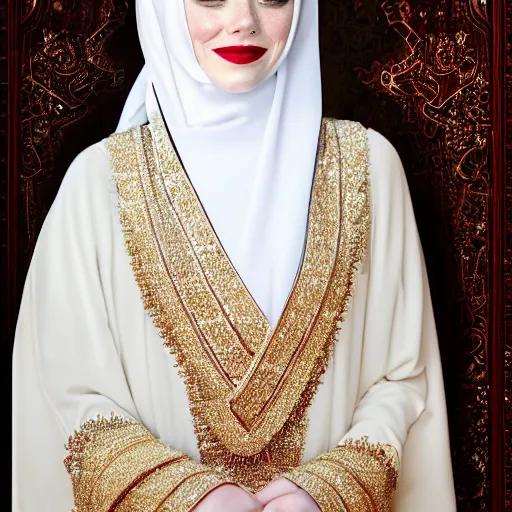 Prompt: A portrait of Emma Stone wearing arabian abaya, high quality, fully detailed, 4k