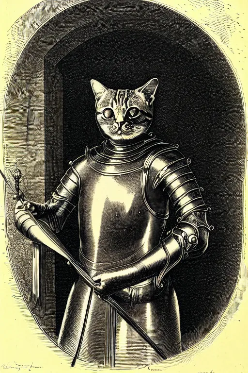 Image similar to engraving portrait of humanoid cat in medieval armoury by gustave dore