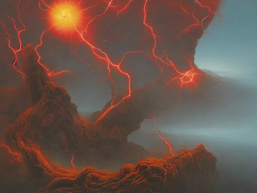 Prompt: a cosmic horror atop a fiery landscape, red lightning, highly detailed, by Zdzisław Beksiński, 4K