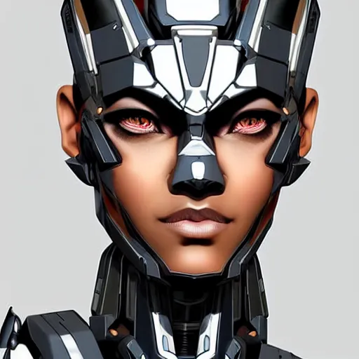 Image similar to a mecha version of a african woman, no irises, very symmetrical face, highly detailed, widow maker, by vitaly bulgarov, by yoji shinkawa, by joss nizzi, by ben procter, by steve jung, metal gear solid, transformers cinematic universe, conceptartworld, pinterest, artstation, unreal engine