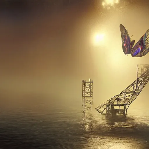Prompt: a giant glowing butterfly perches on an oil platform in the misty morning, by craig mullins