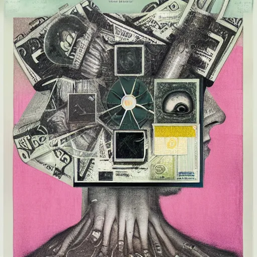 Image similar to post - punk new age album cover, asymmetrical design, frame of a dollar bank notes, abstract collage, capitalism, magic, apocalypse, psychedelic, black white pink, magic, giger h. r., giuseppe arcimboldo