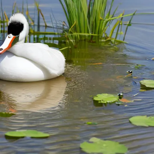 Prompt: a white crested duck in a pond at a part, realistic