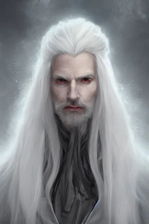 Image similar to white haired robe fu xi full male front body portrait, very long white beard and hair, long hair shawl, fine kindness delicate prefect face features gaze, piercing eye, elegant, style of tom bagshaw, cedric peyravernay, peter mohrbacher, victo nga, 4 k hd illustrative wallpaper, animation style, chinese style