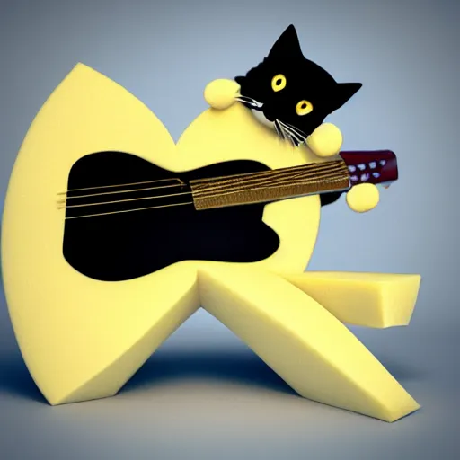 Image similar to A Portrait of a Cat with a body made out of cheese, the cat is playing guitar. octane render, 8k, Hyperrealistic