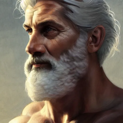 Image similar to half body portrait of rugged zeus, greek god, 4 0 years old, handsome, white hair, soft hair, upper body, muscular, hairy torso, fantasy, intricate, elegant, highly detailed, digital painting, artstation, concept art, smooth, sharp focus, illustration, art by artgerm and greg rutkowski and alphonse mucha