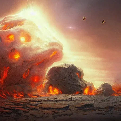 Image similar to A digital painting of a meteorite made of an insect hive burning up in the atmosphere, Wayne Barlowe Greg Rutkowski Jessica Rossier