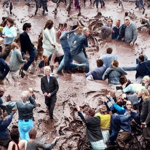 Prompt: several clones of stephen hawking raving in a muddy mosh pit