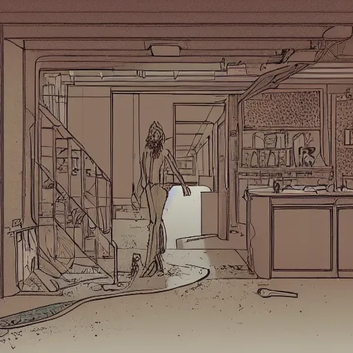 Prompt: an illustration of a brown basement by moebius