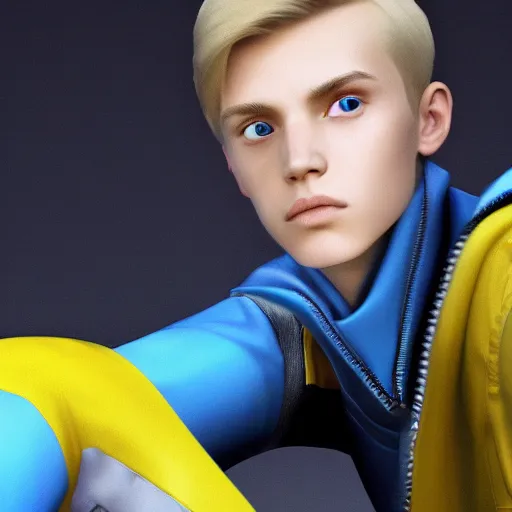 Prompt: A portrait of a 16 year old boy with medium length pale blond hair, thin face, scrawny body, his eyes a startling shade of electric blue, over-the-shoulder-shot, wearing a Vault-tec jumpsuit, studio lighting