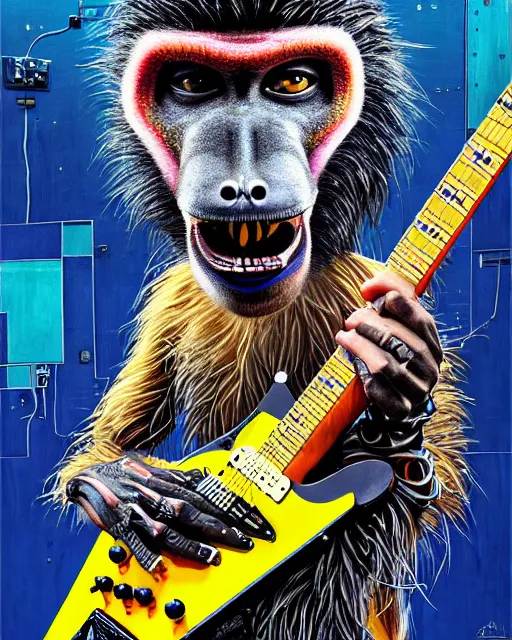 Image similar to a portrait of an anthropomorphic cyberpunk baboon shredding an electric guitar by sandra chevrier, by jon foster, detailed render, tape deck, epic composition, cybernetics, 4 k realistic, cryengine, realistic shaded lighting, sharp focus, masterpiece, by enki bilal