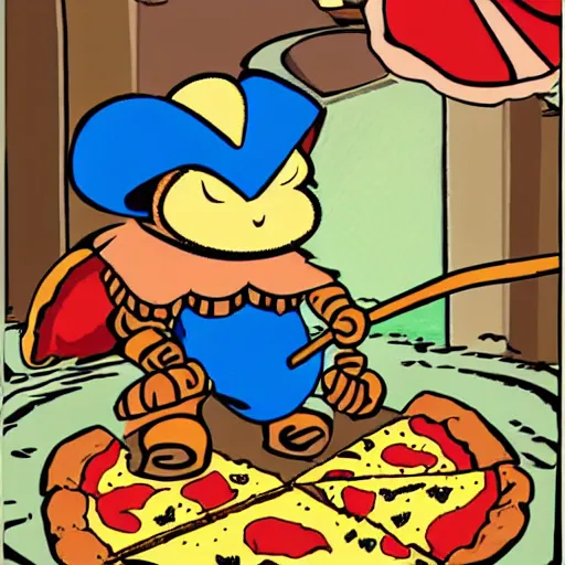 Image similar to shovel knight!!!!!! at his birthday party with pepperoni!! pizza by alessandro allori