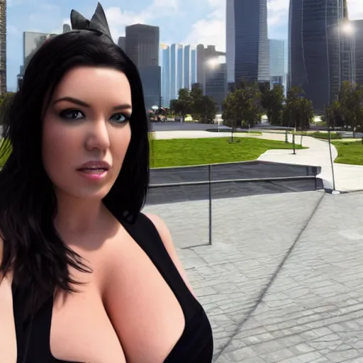 Image similar to « angela white taking a selfie, photorealistic, unreal engine 5, sharp focus, building in the background »