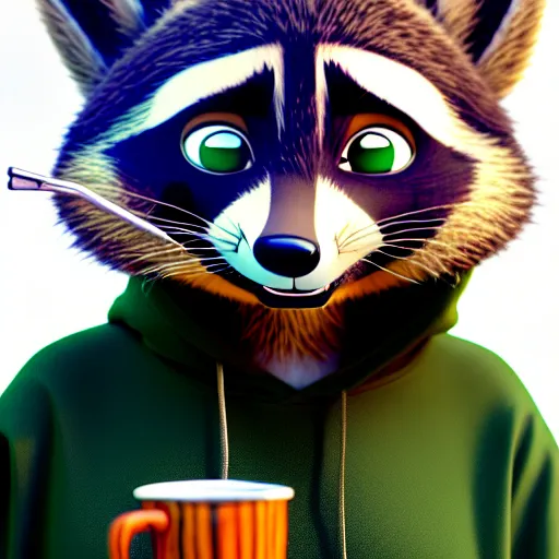 Image similar to a very relaxed stoner with a black hoodie on with a marijuana themed dark green raccoon head from zootopia, wearing beanie, smoking, 3 d, blender 3 d, render, extremely detailed, 8 k, detailed fur