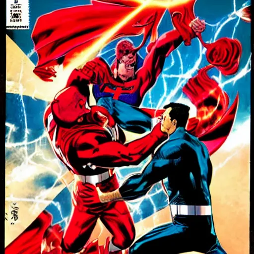 Image similar to daredevil punching superman, comic cover, marvel