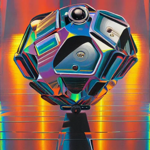 Prompt: a detailed rainbow colored surrealist painting by syd mead of a robot juggling icosahedrons, trending on artstation, masterpiece, incredible details