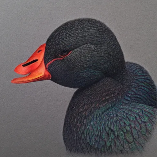 Image similar to Colored pencil art on paper, Magma Lava Duck, highly detailed, artstation, MasterPiece, Award-Winning, Caran d'Ache Luminance