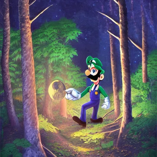 Image similar to an ultra - detailed beautiful painting of waluigi from the mario bros series in a dark forest, moonlight through the trees, oil panting, high resolution 4 k, by ilya kuvshinov, greg rutkowski and makoto shinkai )