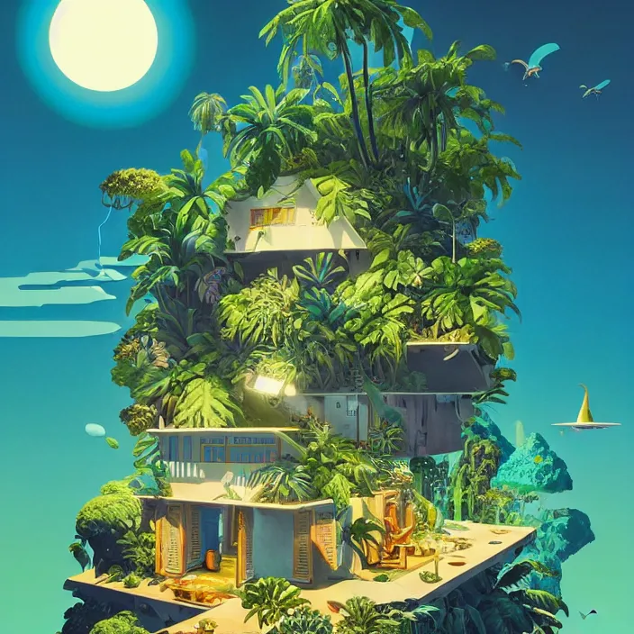 Image similar to a luminescent tropical cottage by paolo eleuteri serpieri and tomer hanuka and chesley bonestell and daniel merriam and tomokazu matsuyama, unreal engine, high resolution render, featured on artstation, octane, 8 k, highly intricate details, vivid colors, vector illustration