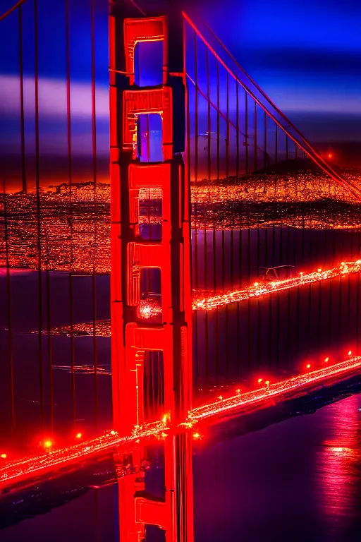 Image similar to neon streets of san francisco golden gate bridge, 4 k, award winning photo, cyberpunk style