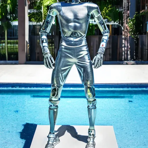 Image similar to a realistic detailed photo of a guy who is an attractive humanoid who is half robot and half humanoid, who is a male android, soccer player martin ødegaard, shiny skin, posing like a statue, blank stare, by the pool, on display, showing off his muscles, humanoid robot, frozen ice statue