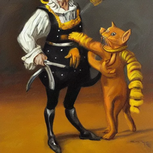 Prompt: masterful, high quality oil painting of a yellow cat dressed as don quixote, fighting giants