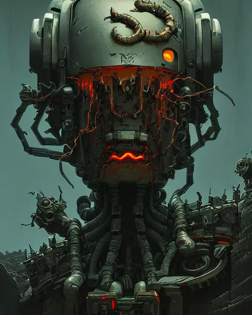 Image similar to bastion from overwatch, evil robot, character portrait, portrait, close up, concept art, intricate details, highly detailed, horror poster, horror, vintage horror art, realistic, terrifying, in the style of michael whelan, beksinski, and gustave dore