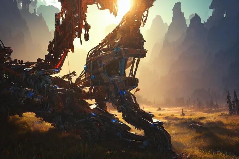 Image similar to sawtooth machine mecanical creature robot of horizon forbidden west horizon zero dawn radiating a glowing aura global illumination ray tracing hdr fanart arstation by ian pesty and alena aenami artworks in 4 k