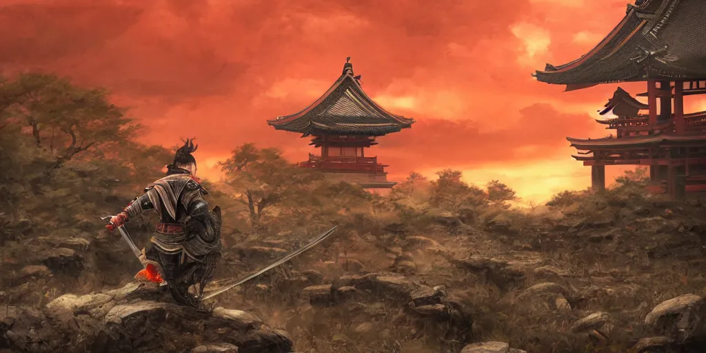 Prompt: lone ronin clutching sword as he kneels while looking on in japanese temple ruins underneath a crimson sky, fantasy art, hyperdetailed, artstation, cgsociety