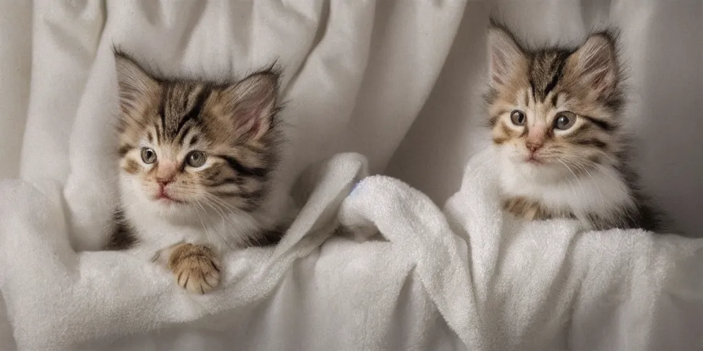 Prompt: oil painting of a fluffy tabby kitten wrapped in a white towel on a shower curtain. 4 k, highly detailed. saturated.