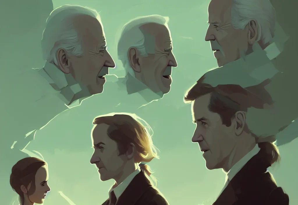 Image similar to portrait of joe biden and emma watson, fantasy, by atey ghailan, by greg rutkowski, by greg tocchini, by james gilleard, by joe gb fenton, dynamic lighting, gradient light green, brown, blonde cream, salad and white colors in scheme, grunge aesthetic