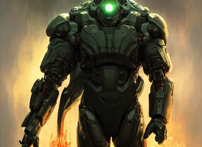 Image similar to will smith as victor stone, full body concept, cyborg, borg, strogg, face of a man, terminator, flesh, quake strogg, doom demon, wolfenstein, monstrous, powerful, symmetry, symmetrical, concept art by ruan jia and greg rutkowski