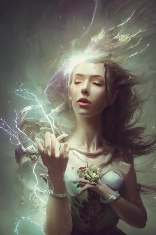 Prompt: beautiful girl necromancer, witch, storm clouds, thunder in hands, casting magic spell, angel, 3 d render, hyper realistic detailed portrait, holding electricity and flowers, ruan jia, wlop. scifi, fantasy, magic the gathering, hyper detailed, octane render, concept art, peter mohrbacher