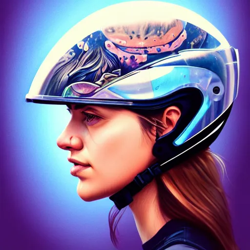 Image similar to profile photo of a girl driver with a helmet and a visor with high detailed tattoos on neck, side profile in underwater, highly detailed, digital painting, artstation, concept art, smooth, sharp focus, illustration by Sandra Chevrier