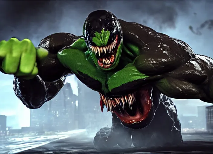 Image similar to venom fused with hulk, ultra realistic 4 k unreal engine very cinematic render with ray tracing bloom ambient occlusion strong reflections depth of field fog