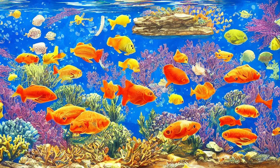 Prompt: a beautiful painting of an aquarium full of fish