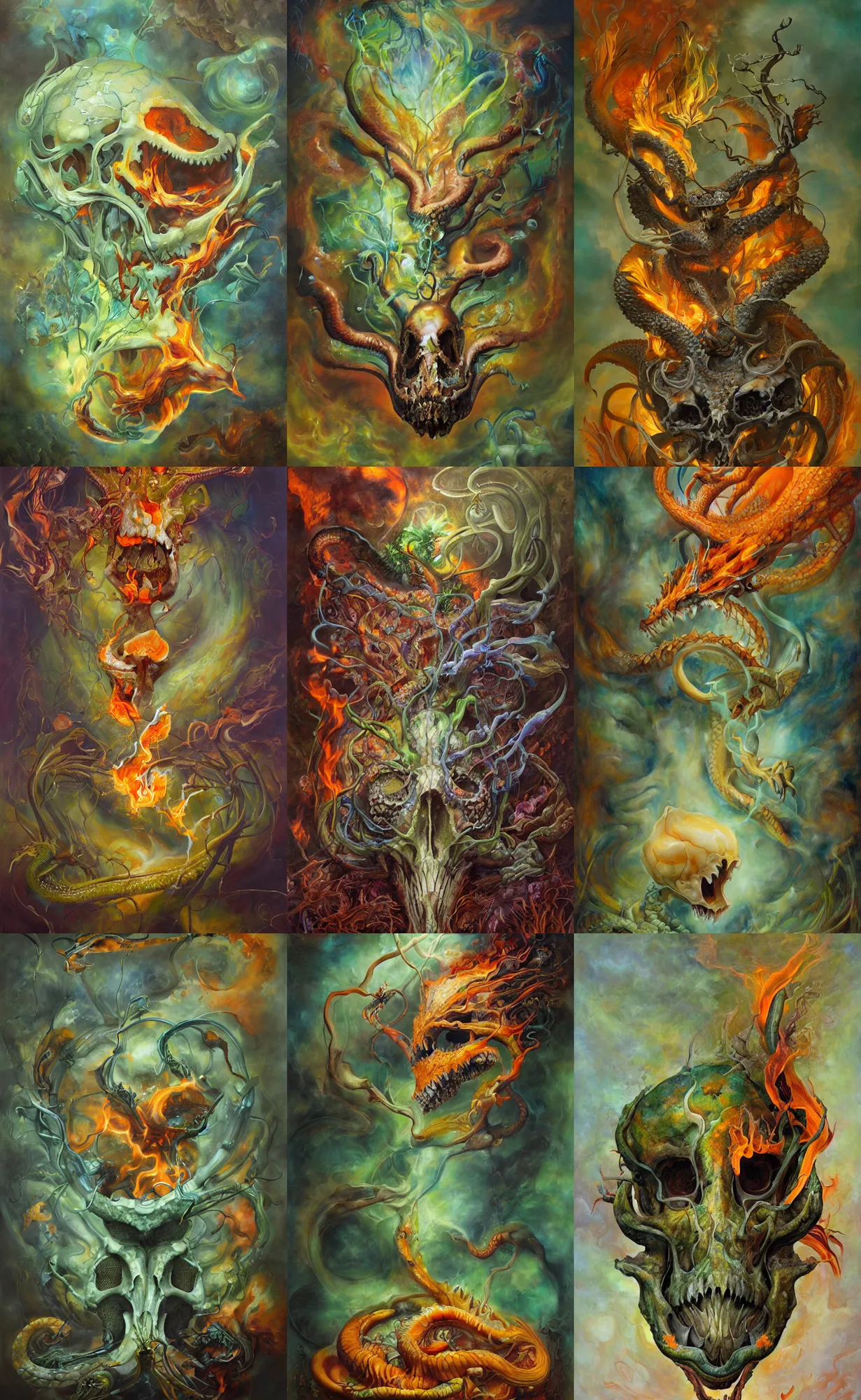 Prompt: a biomorphic painting of a dragon skull with fire and grasses surrounding it, a surrealist painting by Marco Mazzoni, by Peter Mohrbacher, by Dorothea Tanning, pastel oranges and greens, featured on artstation, metaphysical painting, oil on canvas, fluid acrylic pour art, airbrush art,