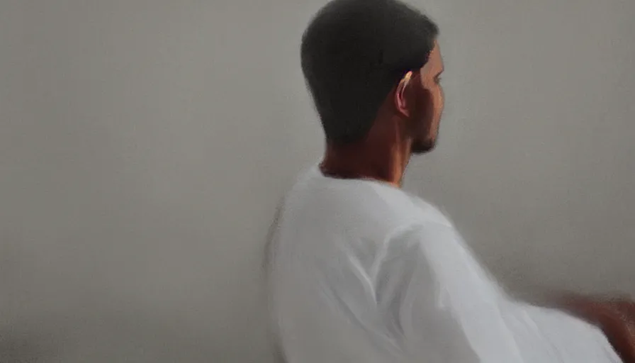 Image similar to a lonely young man in white clothes sits in a clean white empty apartment and stares into the distance, photorealistic painting