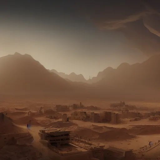 Prompt: A city in the middle of a desert, with a huge sandstorm, in the distance, digital painting, concept art, cityscape, volumetric lighting, light rays, Unreal Engine, 4k, by Barret Frymire