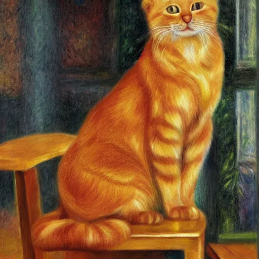 Image similar to a golden cat sitting on a throne in a modern kitchen in the style of renoir,