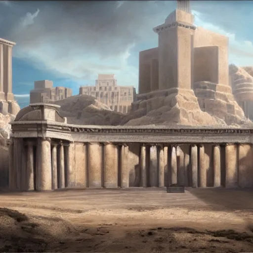 Prompt: a beautiful and realistic matte painting of the Temple of Herod aflame