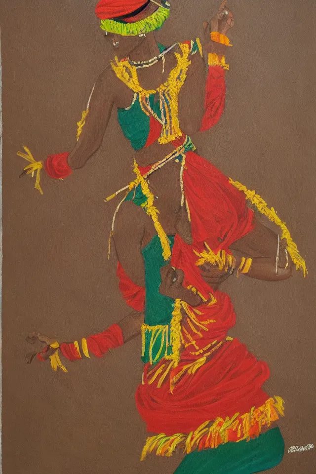 Prompt: a vivid oil painting of a dancer covered in a straw costume, pankararu, Toré