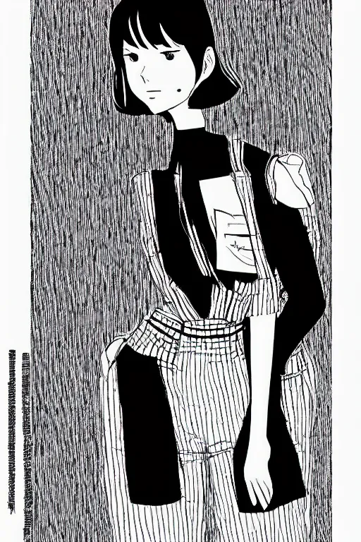 Image similar to portrait of a girl in long pants and a top, hands in pockets, eyes closed, bob haircut, digital art, black and white, lineart by junji ito and kaoru mori