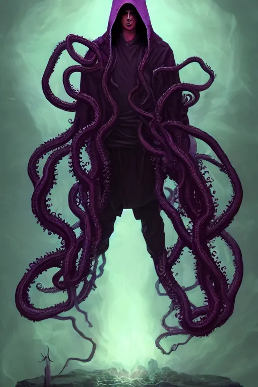 Image similar to A full body portrait of a mysterious shaman (male) with no face with a very long hooded dark purple cloak tentacles and vines coming out the ground art by Maciej Kuciara and Jason Chan, ominous, cosmic horror, trending on artstation, Ultra detailed, hyper realistic 4k