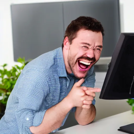 Prompt: Stock reaction image of a man holding laughing at a monitor, realistic, watermark, photograph, high definition, 4k